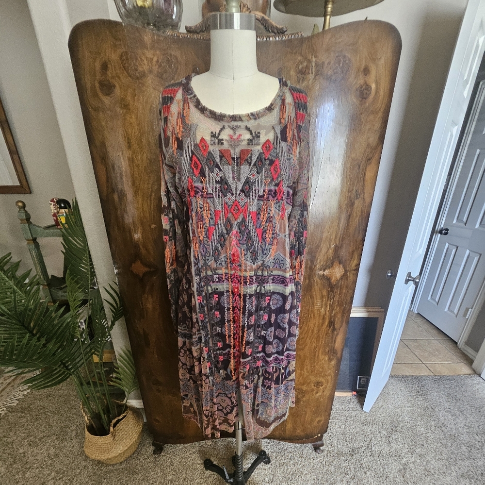 Johnny Was Multicolor Embroidered Boho Midi Dress - Red, Black, Pink